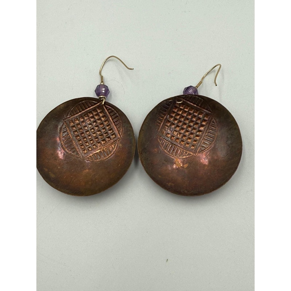 Handmade Hammered Copper Disc Earrings Amethyst Bead Geometric Boho Statement - Picture 5 of 6